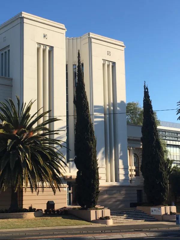 The Gordon Wool School and Textile Collage Heritage listed building with large white facade