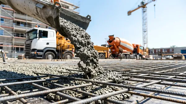 Fresh concrete being poured onto a steel reinforcement grid at a construction site, with concrete trucks, scaffolding and a tower crane visible in the background.