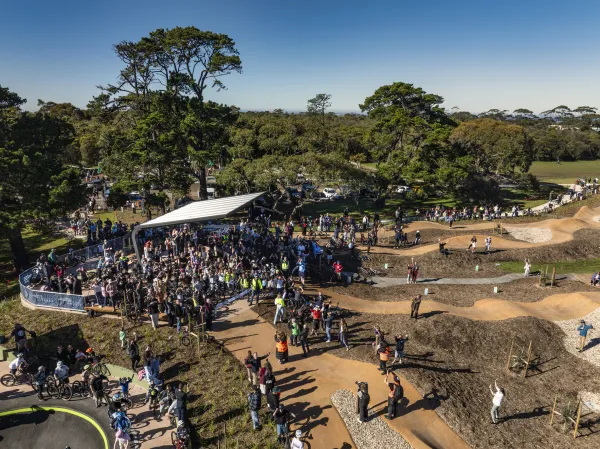 Aerial photo of the hundreds of attendees at the new bike park