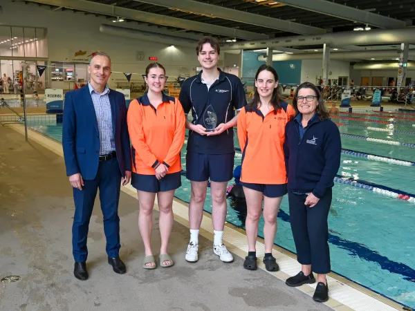L-R: Deputy Mayor Eddy Kontelj, Miette Thomson (Learn to Swim Instructor), Hamilton West (Learn to Swim Team Leader), Aleisha Pearson (Learn to Swim Instructor) and Maureen Corbeil (Learn to Swim Coordinator)