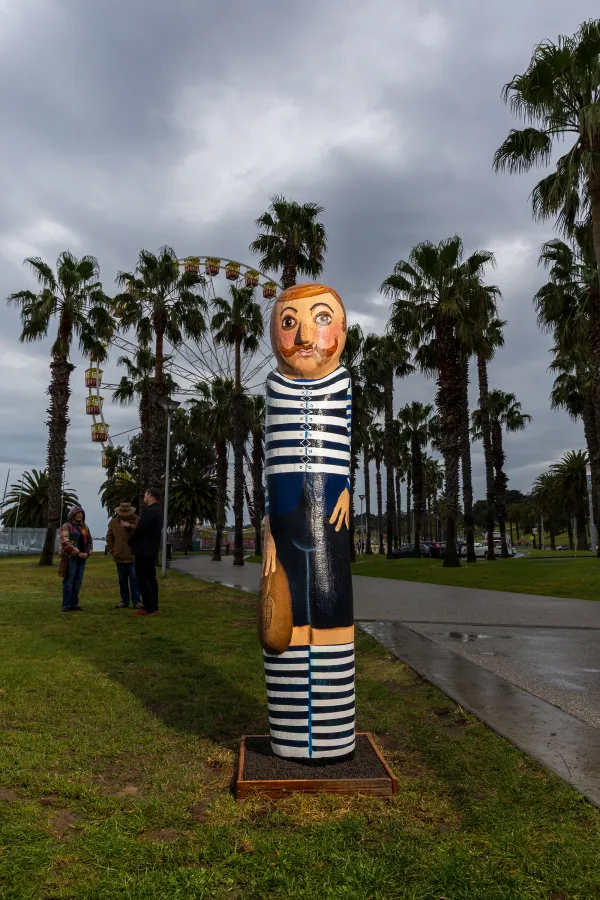 The new fibrelass composite prototype of Jan Mitchell's original Early Geelong Footballer bollard is on display at the waterfront