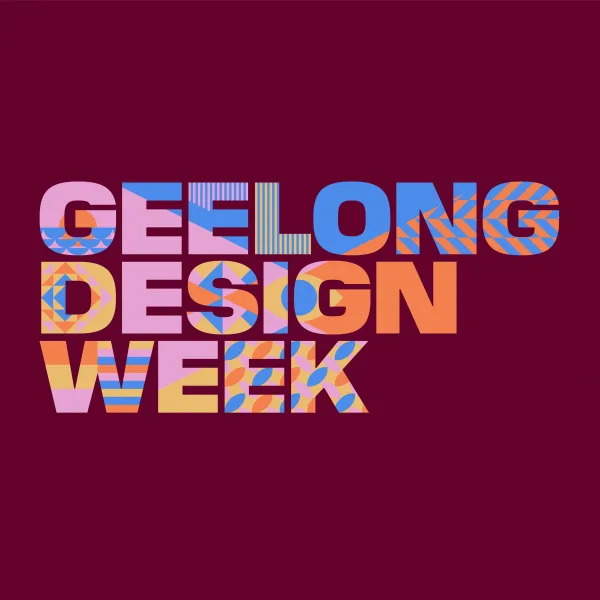 Geelong Design Week Logo in multicoloured pattern on maroon background