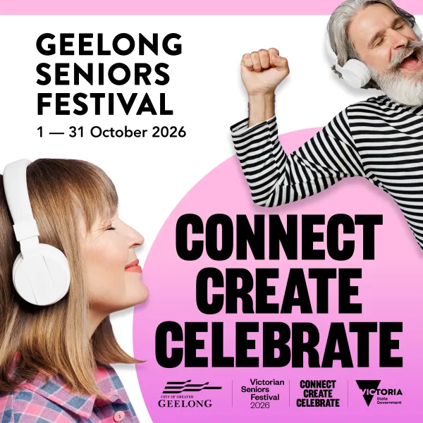 Two older people with headphones on 