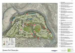 This is the landscape plan for the Queens Park Master Plan detailing the location and actions recommended as a result of the plan