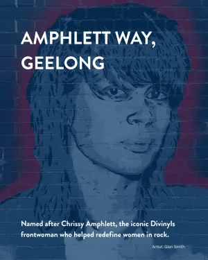 Mural of singer Chrissy Amphlett by Glen Smith with text about Amphlett Way, Belmont