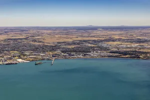 Drone image of Viva Refinery (Formerly Shell) showing the facility and the bay