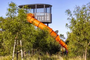 Orange slide showing through the trees in Parkfield Boulevard playground