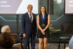Mayor Stretch Kontelj OAM presents Jakara Anthony OAM with the Geelong Medal Mayor Stretch Kontelj OAM presents Jakara Anthony OAM with the Geelong Medal