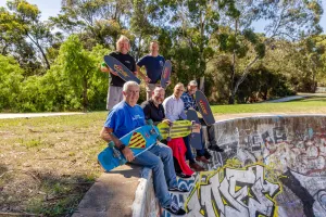 Members of the original Corio Skateboard Club with Deputy Mayor Eddy Kontelj at the Corio Bowls