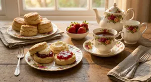 Traditional English cream tea setting with scones, jam, clotted cream, and floral chinaware.