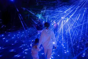 Image of people walking through lighting