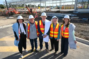 Libby Coker MP, Gina Bell from the Community Advisory Panel, Cr Rowan Story AM RFD, Cr Elise Wilkinson, Alison Marchant MP at the site of NBAC Stage Two