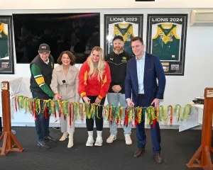 Richard Hockley from Leopold FNC (Director of Financial Operations) cutting the ribbon with Libby Coker MP, Ashlyn Begg from Leopold Cricket Club (President), Lachlan Cartledge from Leopold Football Netball Club (Co-President) and Ward Councillor Trent Sullivan