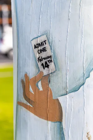 Painted theater ticket on bollard