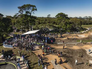 Aerial photo of the hundreds of attendees at the new bike park