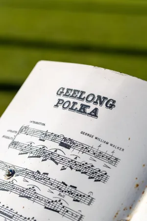 Sheet music for Geelong Polka painted on bollard
