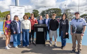 Officials and club members gather for the Grinter Reserve upgrades official opening