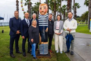 David Buchanan from Advanced Fibre Cluster, Mayor Kontelj, Mark Nothnagel from Sykes Advanced Manufacturing, artist Vicki Clissold, Jan Mitchell's son Caolan Mitchell, City CEO Ali Wastie and Nick Bernard from Sykes