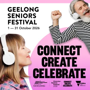 Two older people with headphones on 