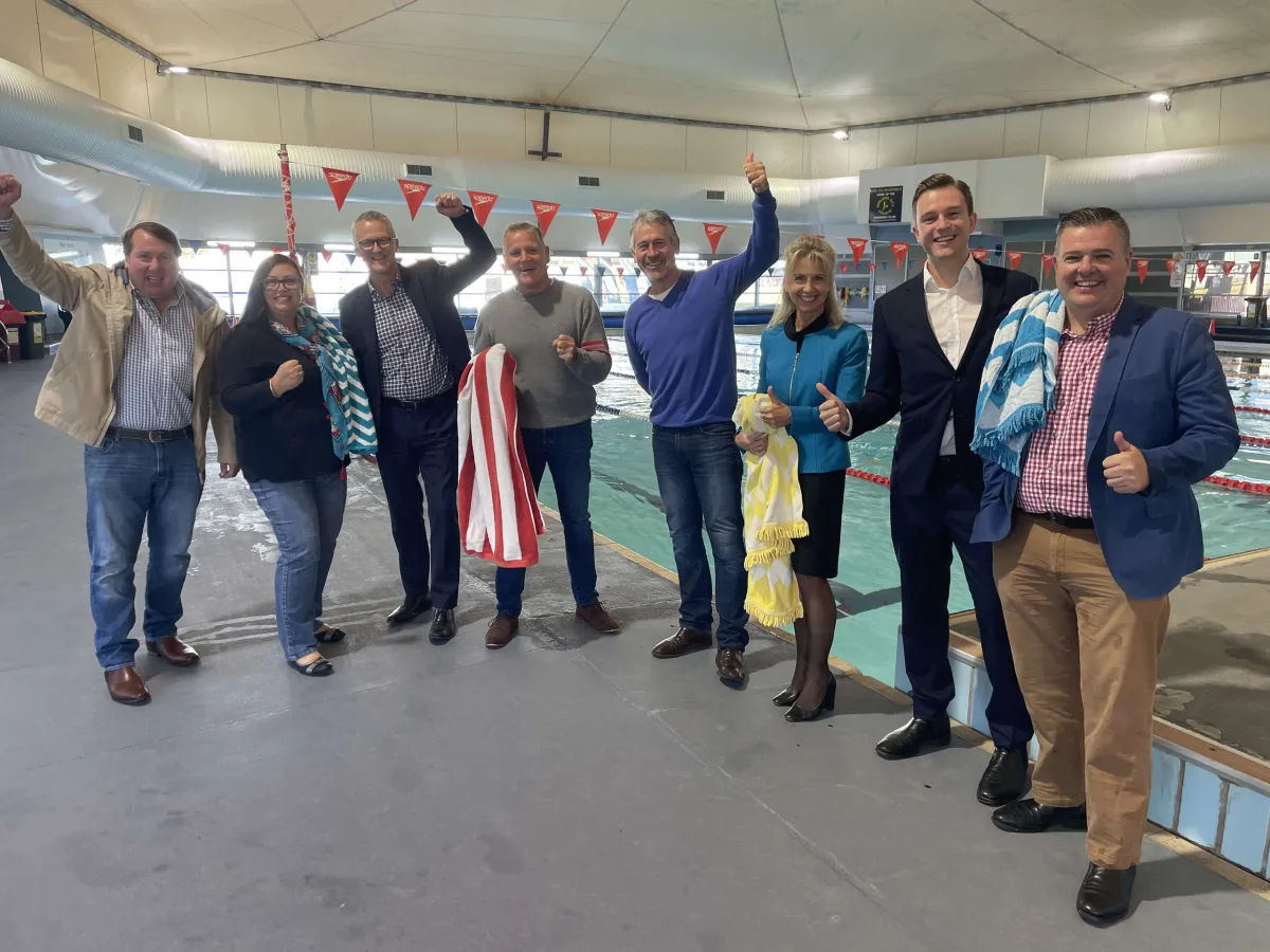 Cr Ron Nelson, Cr Kylie Grzybek, CEO Martin Cutter, Cr Peter Murrihy, Cr Bruce Harwood, Mayor Stephanie Asher, Deputy Mayor Trent Sullivan and Cr Anthony Aitken at Waterworld - site of the future Northern Aquatic and Community Hub.