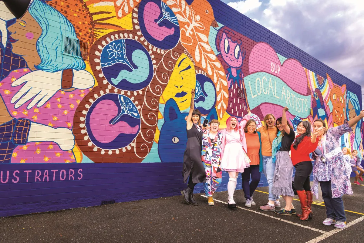 Geelong Illustrators Street Art - L-R Rachel Bishop, Clare Holder, Sam Harvey, Cecilia Cabalquinto, Alison O'Connor, Terri Pollock, Benett Hernandez, Belinda Bellavista.