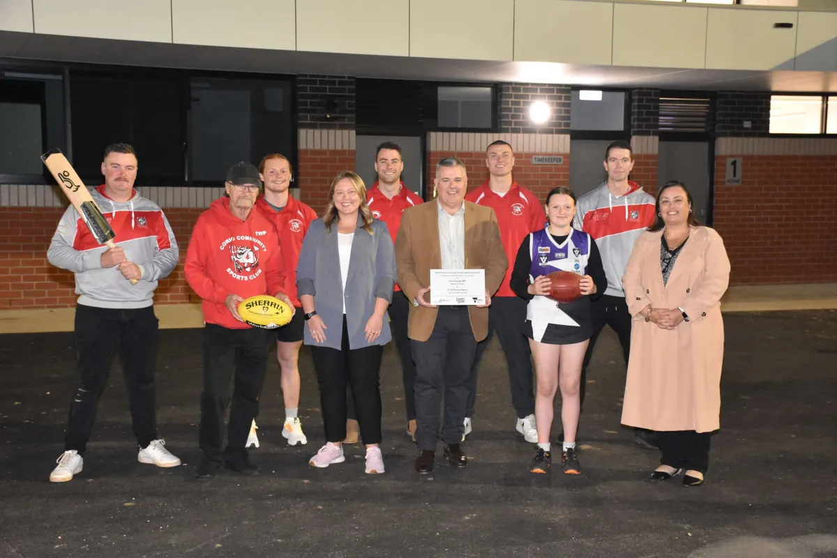 Photo Caption: Left to Right - Corio Cricket Club president Mitch Grace, Corio Community Sports Club president Greg Ince, Jack Hall, Member for Lara Ella George, Joel Bennett, Windermere Councillor Anthony Aitken, Toby Bennett, Northern Stars (combined northern suburbs junior football program) footballer Tiana Foran-Brymer, Kevin Hayes and former Windermere Councillor Kylie Grzybek.