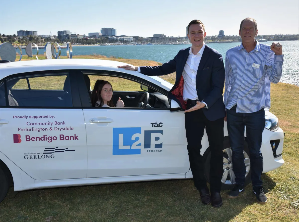Learner driver Hailey Rickard, Greater Geelong Mayor Trent Sullivan and driving mentor Rob McAllister.