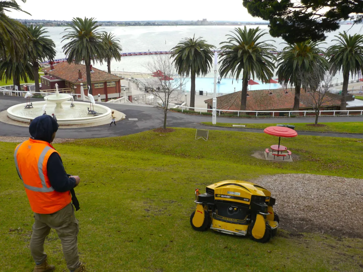 City staff member using a Spider Mower at Eastern Beach