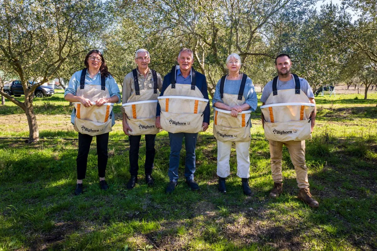 Barwon Oil Barons committee member Heidi Fog, Geelong Region Olives owner Stephen Parker, Cr Peter Murrihy, Barwon Oil Barons committee member Rosie Bright and Geelong Region Olives operations manager Lachie Ayto