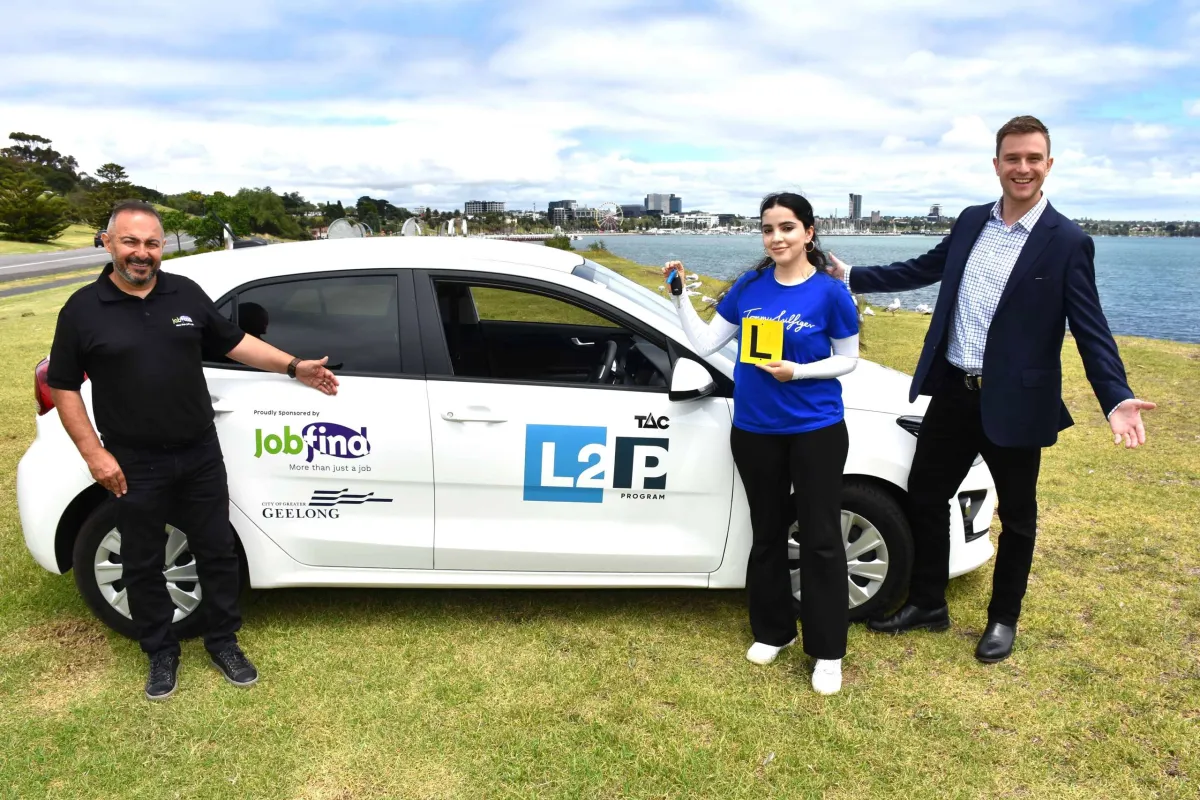Jobfind Regional Manager Joe Abdo with L2P program learner driver Aqsa and Greater Geelong Mayor Trent Sullivan