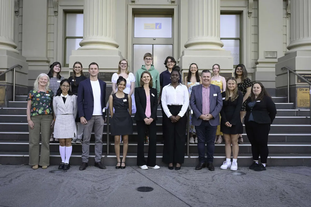 Cr Elise Wilkinson, Mayor Trent Sullivan, Greater Geelong CEO Ali Wastie, Deputy Mayor Anthony Aitken, Cr Sarah Hathway and 2024 Youth Council members