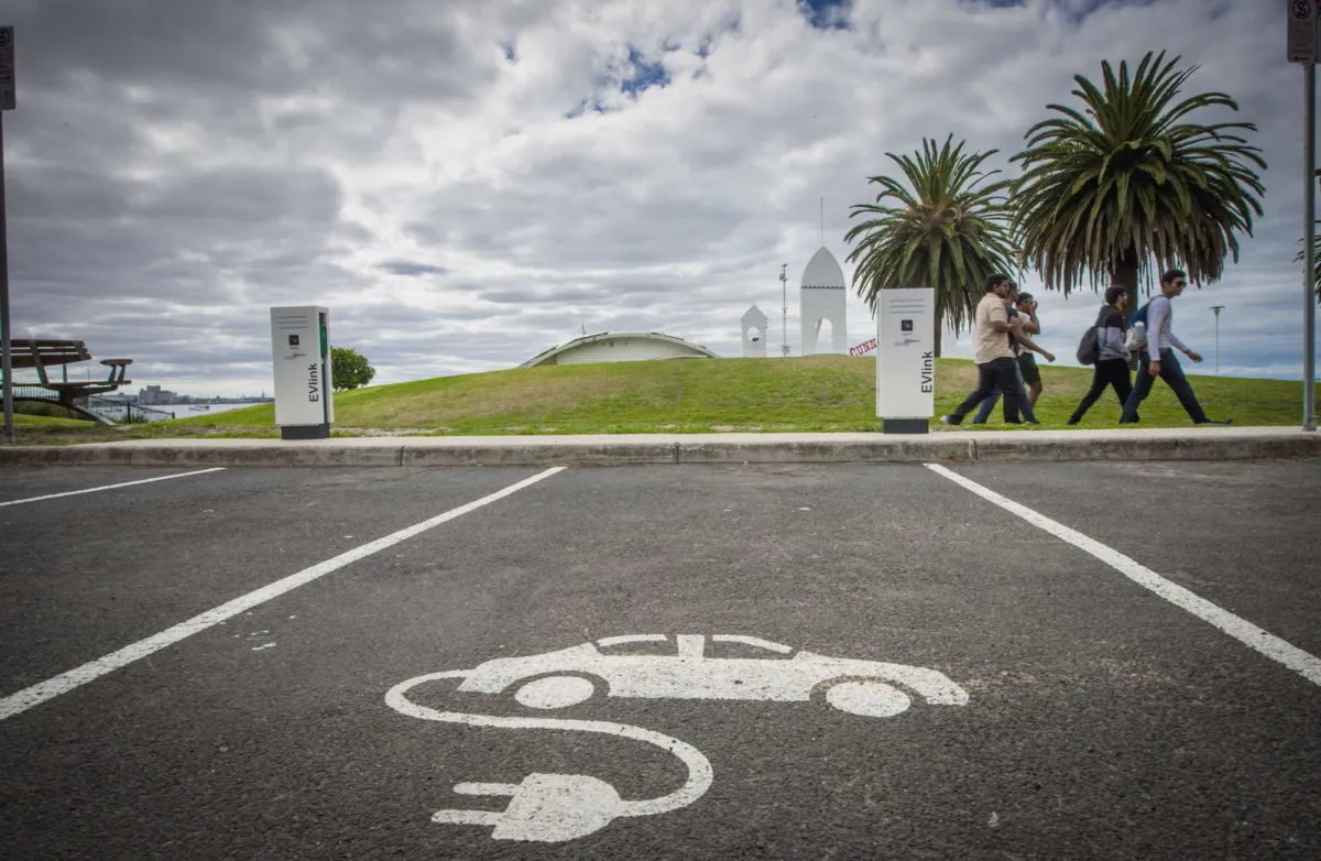 Two electric vehicle charging stations on the Geelong Waterfront at Western Beach Road, along the Cunningham Pier forecourt precinct.